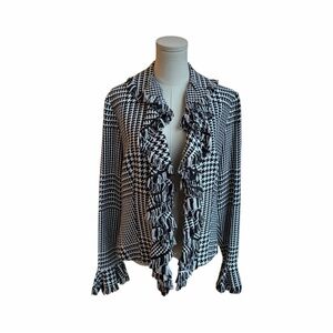 BLOOMINGDALE’S ✘ Houndstooth Fringe Trim Tweed Jacket Black White Grosgrain, 12